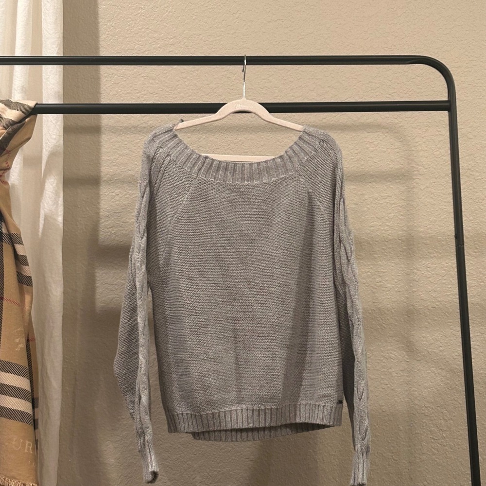Hollister California Womens XS Gray Cable Knit Raglan Sleeve Scoop Neck Sweater